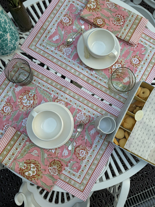 Set-Of-Two Floral and Striped Block Printed Placemats