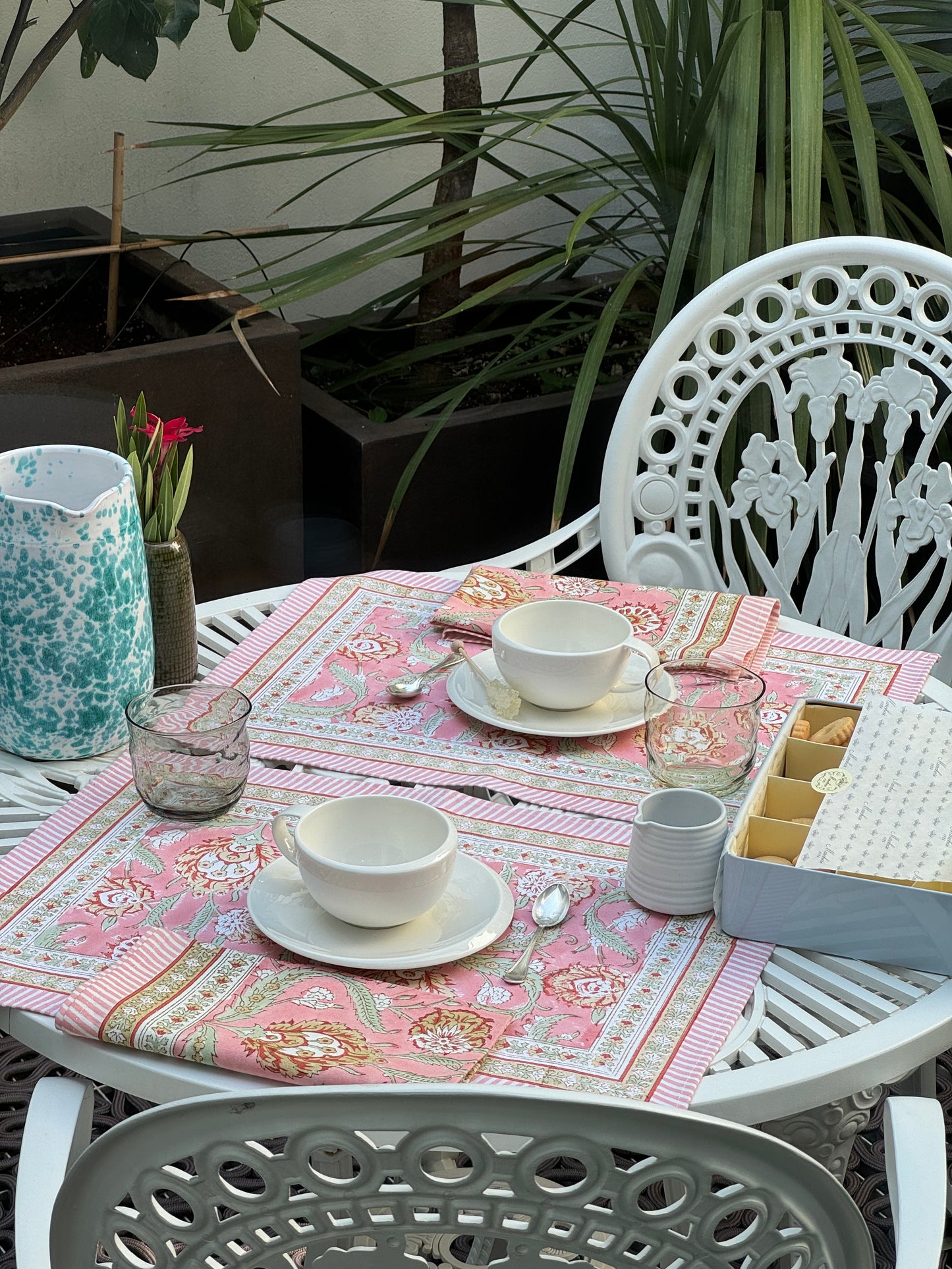 Set-Of-Two Floral and Striped Block Printed Placemats